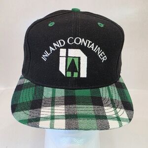 VINTAGE Inland Container Plaid Green Black‎ Trucker Snapback Hat Cap USA